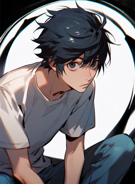 l from death note is a thin young man, with messy black hair, big eyes and dark circles. he always wears a simple white t-shirt ...