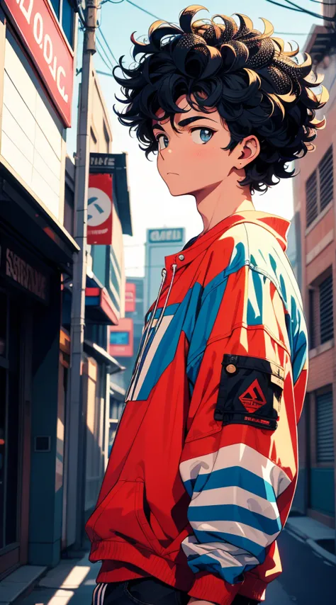 boy with medium curly hair, american cut, mid fade, streetwear, cinematic angle, vibrant and intense colors, 90s anime style, 90...