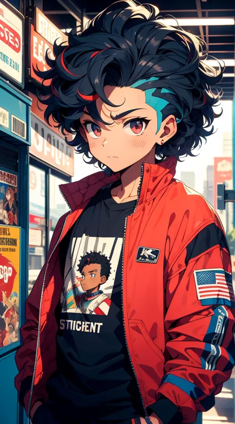 boy with medium curly hair, american cut, mid fade, streetwear, cinematic angle, vibrant and intense colors, 90s anime style, 90...