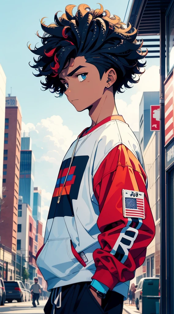 Boy with medium curly hair, American cut, mid fade, streetwear, cinematic angle, vibrant and intense colors, 90s anime style, 90s retro style, 90s vintage style.