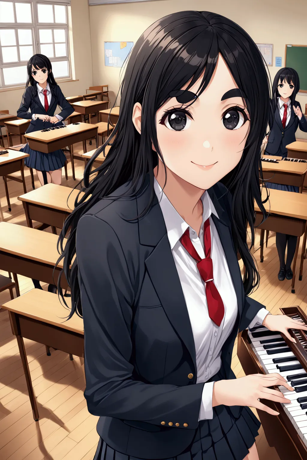 score_9, score_8_up, score_7_up, black long hair, black eyes, black curve hair, thick eyebrows, smile, blazer, shirt, white shir...