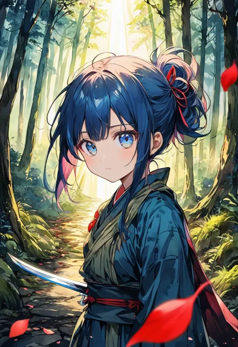 dark oily atmosphere madoka + kamui fusion holding a celestial glass blade katana with silver blue handle in a forest with red c...