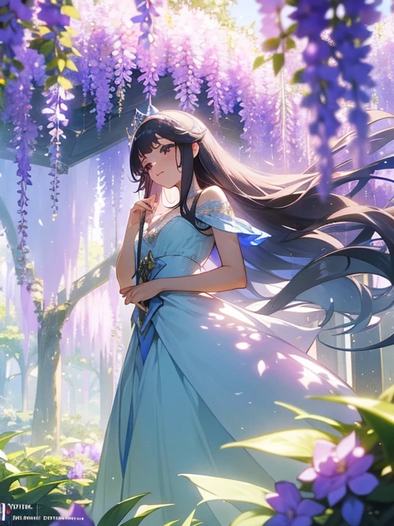 In a magical, serene garden filled with cascading wisteria flowers, a beautiful princess stands at the center. Her elegant gown flows gracefully as the gentle breeze carries the sweet fragrance of the purple blossoms. The wisteria vines hang down like a shimmering veil, creating a dreamlike atmosphere. The soft sunlight filters through the canopy, casting a delicate glow over the scene. The princess, with her serene expression and regal posture, appears to be part of the enchanting garden, surrounded by the natural beauty of the wisteria paradise.