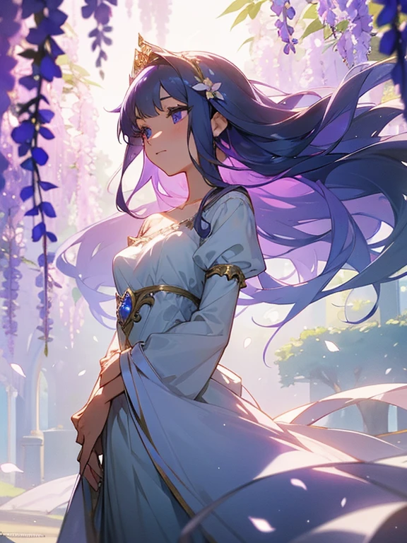 In a magical, serene garden filled with cascading wisteria flowers, a beautiful princess stands at the center. Her elegant gown flows gracefully as the gentle breeze carries the sweet fragrance of the purple blossoms. The wisteria vines hang down like a shimmering veil, creating a dreamlike atmosphere. The soft sunlight filters through the canopy, casting a delicate glow over the scene. The princess, with her serene expression and regal posture, appears to be part of the enchanting garden, surrounded by the natural beauty of the wisteria paradise.