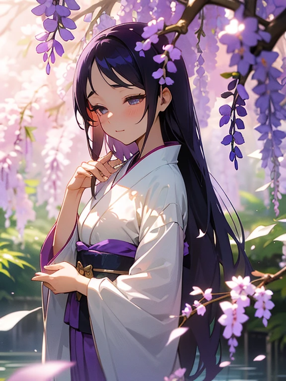 In a magical, serene garden filled with cascading wisteria flowers, a beautiful princess stands at the center. Her elegant gown flows gracefully as the gentle breeze carries the sweet fragrance of the purple blossoms. The wisteria vines hang down like a shimmering veil, creating a dreamlike atmosphere. The soft sunlight filters through the canopy, casting a delicate glow over the scene. The princess, with her serene expression and regal posture, appears to be part of the enchanting garden, surrounded by the natural beauty of the wisteria paradise.