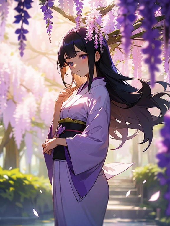 In a magical, serene garden filled with cascading wisteria flowers, a beautiful princess stands at the center. Her elegant gown flows gracefully as the gentle breeze carries the sweet fragrance of the purple blossoms. The wisteria vines hang down like a shimmering veil, creating a dreamlike atmosphere. The soft sunlight filters through the canopy, casting a delicate glow over the scene. The princess, with her serene expression and regal posture, appears to be part of the enchanting garden, surrounded by the natural beauty of the wisteria paradise.