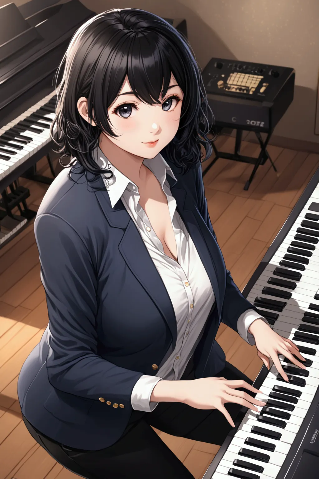 charming girl, black hair, playing the keyboard, casual clothes, looks beautiful, perfect face, callus curled at the ends,  blaz...