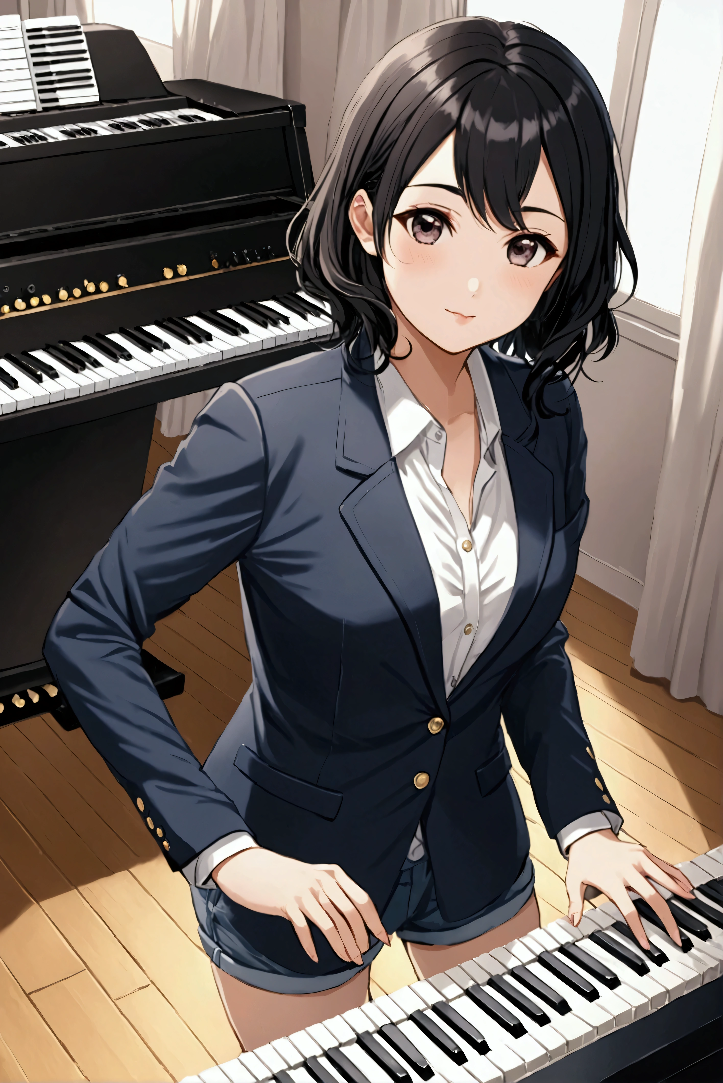 charming girl, black hair, playing the keyboard, casual clothes, looks beautiful, perfect face, callus curled at the ends,  blazer, shirt, white shirt,,chubby, keyboard \(instrument\), instrument, playing instrument,looking at viewer, cowboy shot, dutch angle, dynamic pose,
