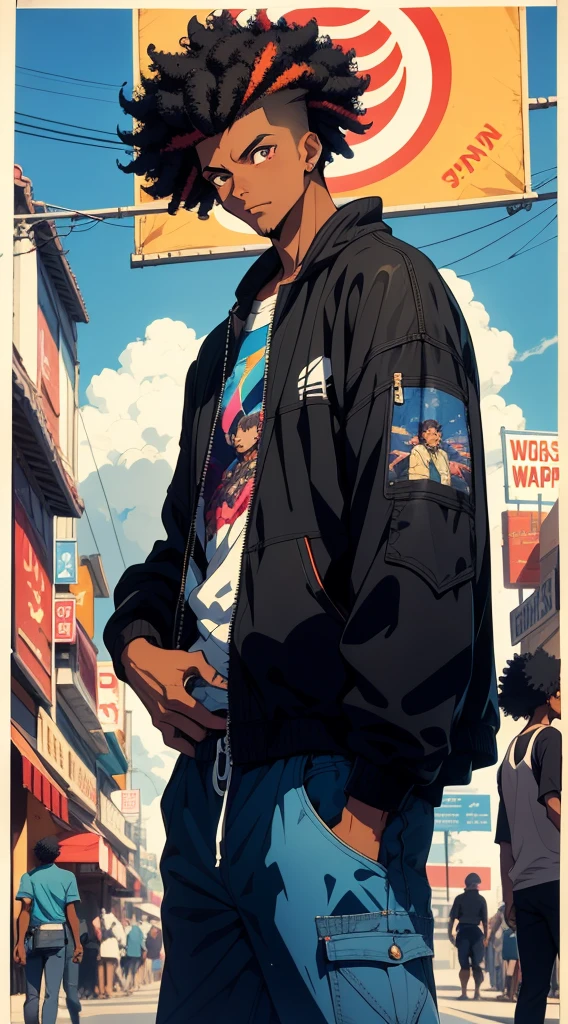 Beautiful black boy, Black Power curly hair, taper fade curly hair, baggy clothes, streetware clothes, vaporwave prints, vintage anime style , vintage poster, vintage poster, dynamic pose, cinematic angle, vivid colors, vibrant colors, blue sky.