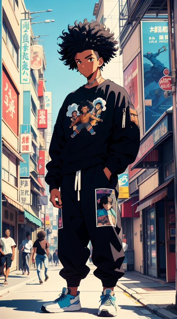 Beautiful black boy, Black Power curly hair, taper fade curly hair, baggy clothes, streetware clothes, vaporwave prints, vintage anime style , vintage poster, vintage poster, dynamic pose, cinematic angle, vivid colors, vibrant colors, blue sky, poster japonês retrô, poster vintage estilo anos 90. 