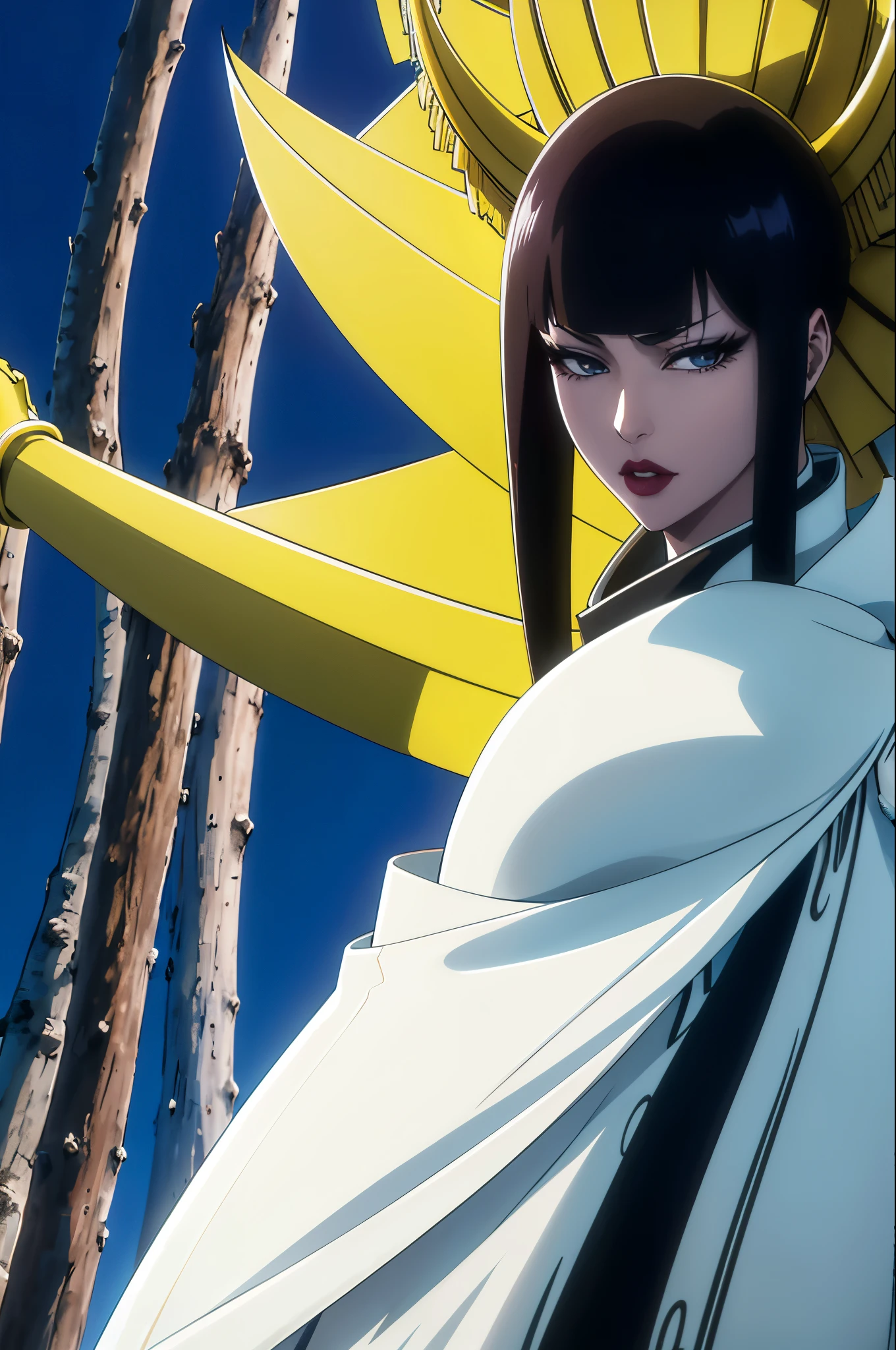 ((best quality)), ((masterpiece)), (The detail:1.4), 3d, A beautiful female cyberpunk image,HDR（high dynamic range）,Ray tracing,A beautiful girl senjumaru shutara- bleach, with big breasts, decote em close，Gaze protects the forehead，High neck tulle dress