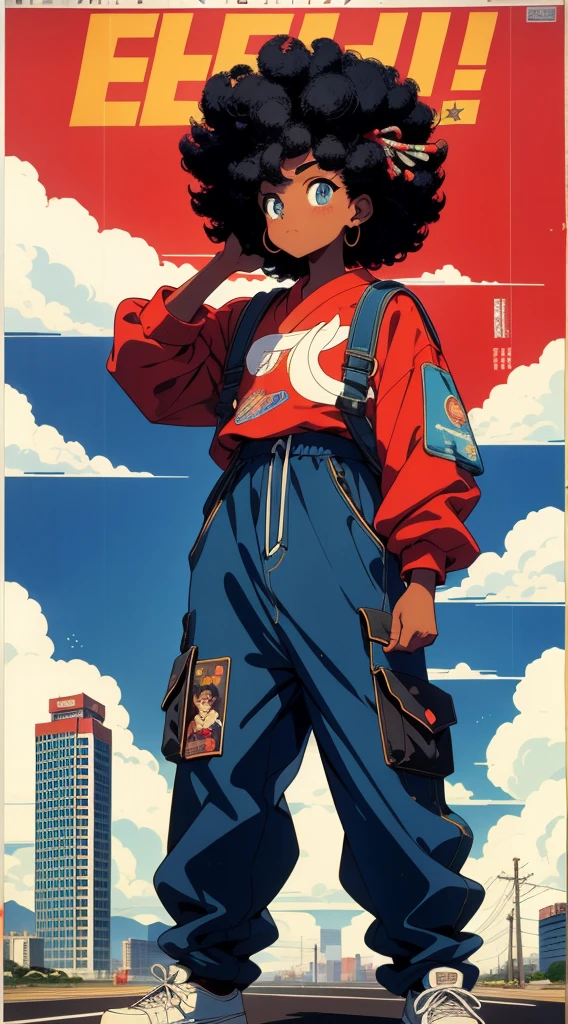 Beautiful black boy, Black Power curly hair, taper fade curly hair, baggy clothes, streetware clothes, vaporwave prints, vintage anime style , vintage poster, vintage poster, dynamic pose, cinematic angle, vivid colors, vibrant colors, blue sky, VINTAGE JAPANESE POSTER 90'S, RETRO JAPANESE POSTER 90'S, VINTAGE STYLE 90'S, JAPANESE MAGAZINE COVER 90'S