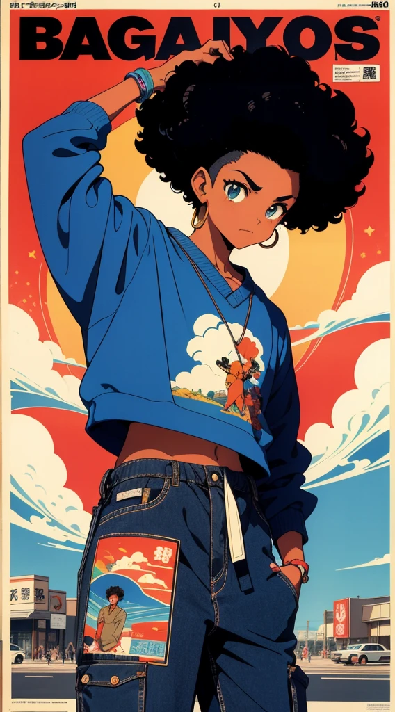 Beautiful black boy, Black Power curly hair, taper fade curly hair, baggy clothes, streetware clothes, vaporwave prints, vintage anime style , vintage poster, vintage poster, dynamic pose, cinematic angle, vivid colors, vibrant colors, blue sky, VINTAGE JAPANESE POSTER 90'S, RETRO JAPANESE POSTER 90'S, VINTAGE STYLE 90'S, JAPANESE MAGAZINE COVER 90'S