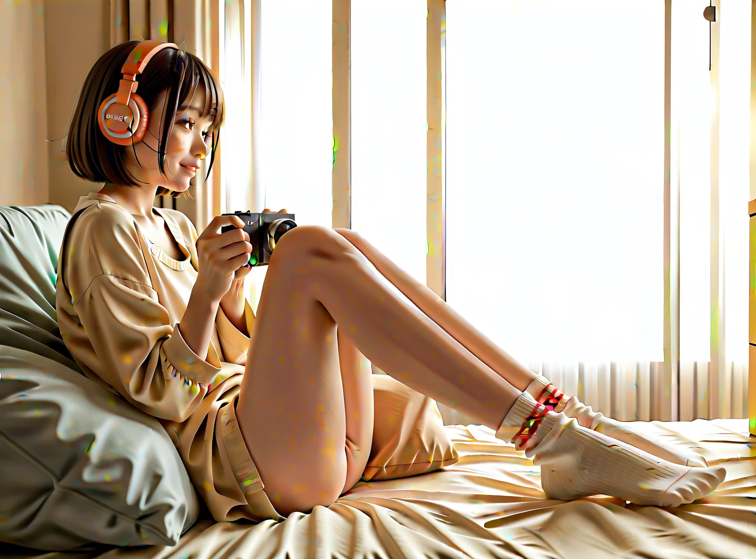 there is a woman sitting on a couch with headphones on,  chiho, shikamimi, lofi girl, sitting on a bed, nanae kawahara, wearing kneesocks, her foot sticking out, profile pic, sitting on the bed, harumi, relaxing and smiling at camera, sitting on the floor,look at camera,