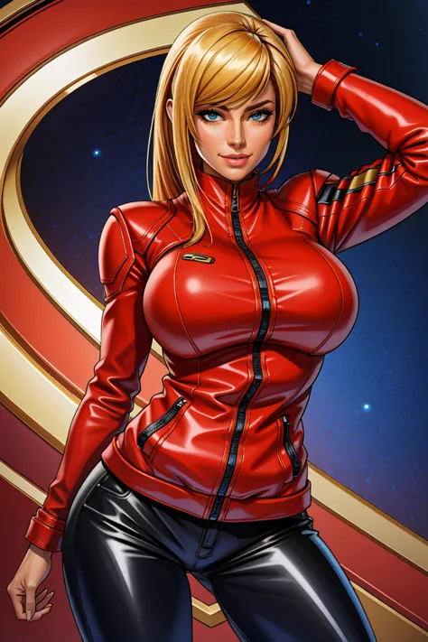 samus aran,ultra-quality,photorealsitic,a red jacket,black leather pants,an ultra-high picture quality,digital slr,based on anat...