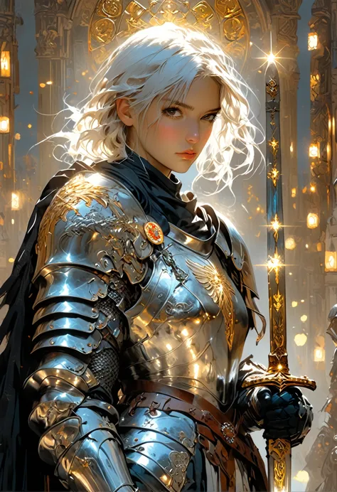 breathtaking a very detailed digital painting of a powerful knight in armor holding a large, shield decorated with heroic poses,...