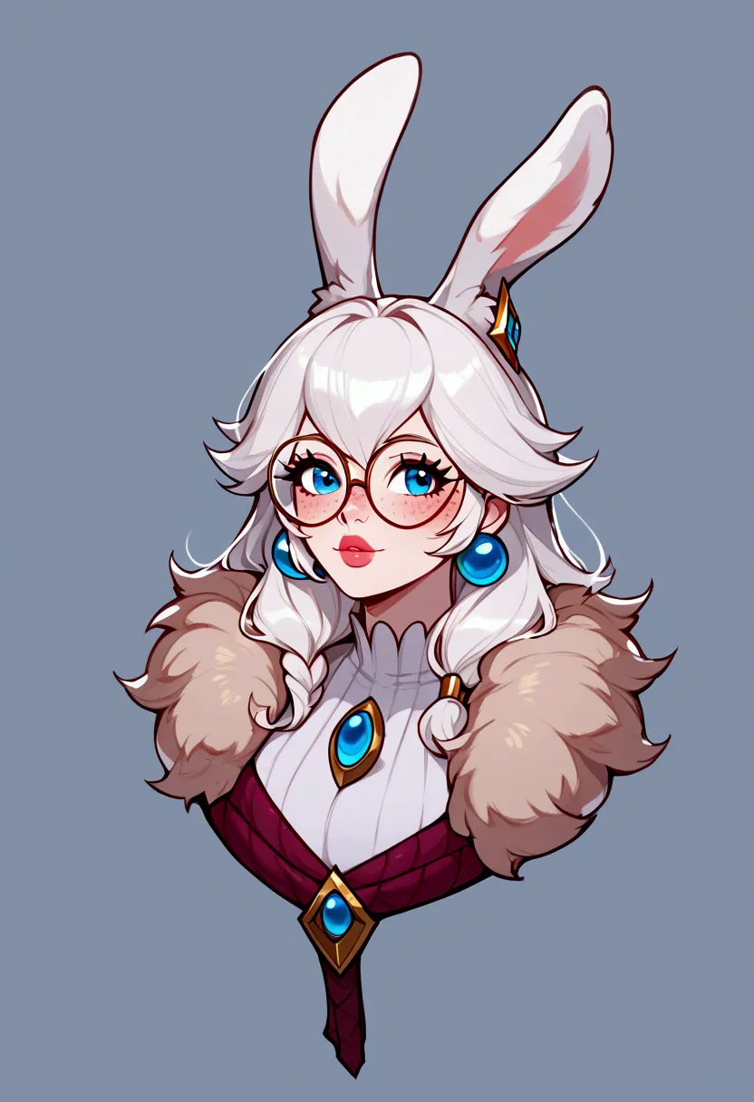 score_9, score_8_up, score_7_up, aurora (league of legends), 1 girl, blue eyes, white hair, sexy, round glasses, freckles, bunny...