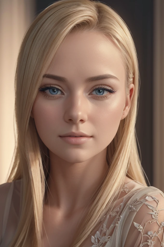 A tired beautiful blonde adult woman with a soft face, extremely detailed eyes and face, long eyelashes, wearing modest clothes, elegant silk flower background, cinematic photorealistic lighting, dramatic night scene, (best quality,4k,8k,highres,masterpiece:1.2),ultra-detailed,(realistic,photorealistic,photo-realistic:1.37),cinematic,dramatic,moody,warm light