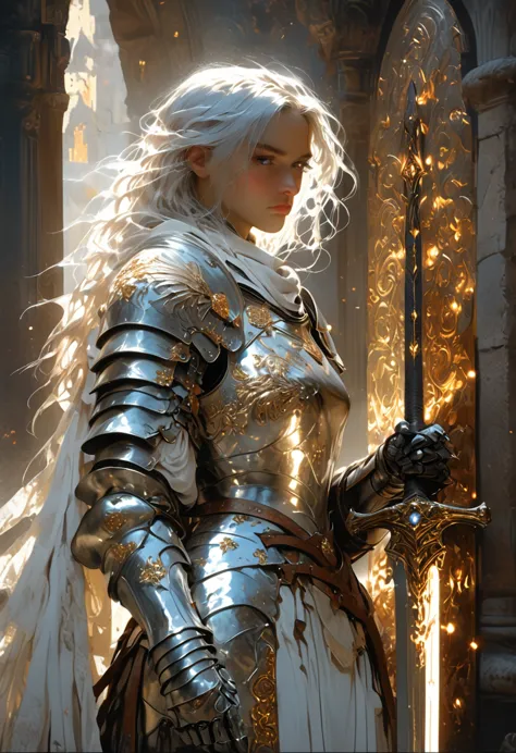 breathtaking a very detailed digital painting of a powerful knight in armor holding a large, shield decorated with heroic poses,...