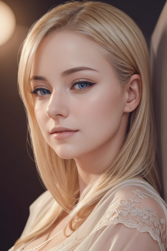 A tired beautiful blonde adult woman with a soft face, extremely detailed eyes and face, long eyelashes, wearing modest clothes, elegant silk flower background, cinematic photorealistic lighting, dramatic night scene, (best quality,4k,8k,highres,masterpiece:1.2),ultra-detailed,(realistic,photorealistic,photo-realistic:1.37),cinematic,dramatic,moody,warm light