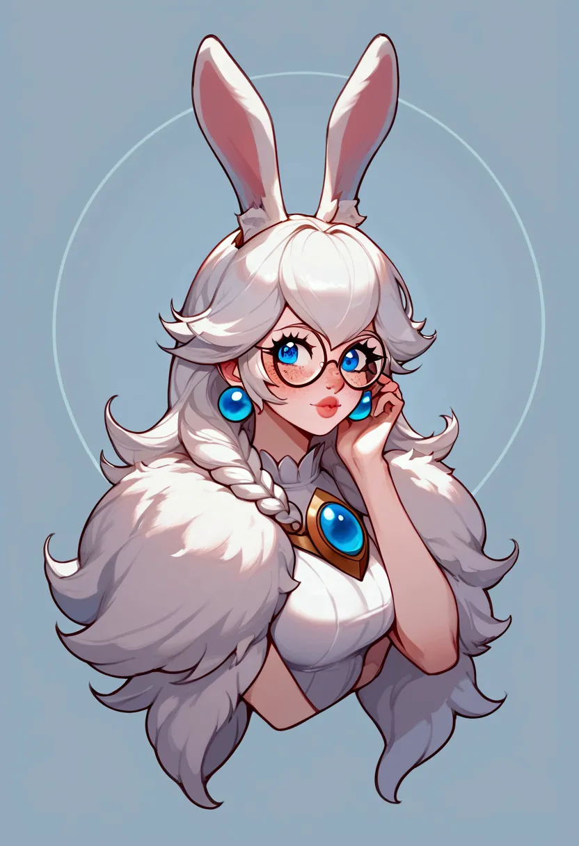 score_9, score_8_up, score_7_up, aurora (league of legends), 1 girl, blue eyes, white hair, sexy, round glasses, freckles, bunny...