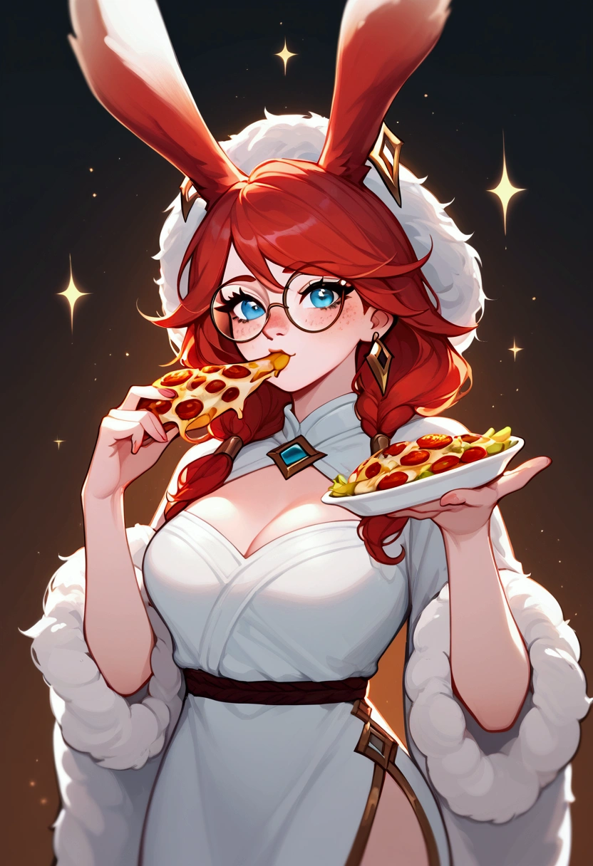 score_9, score_8_up, score_7_up, Aurora (League of Legends), 1 girl, blue eyes, red hair, sexy, round glasses, freckles, bunny ears, full body, Mexican dress, Mexican hat, squinty eyes, earrings, long eyelashes, sexy, big bust, beautiful face, eating nachos