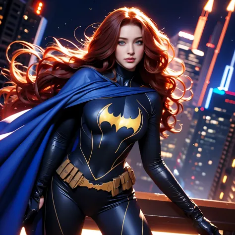 “woman, long curly hair, red hair, blue eyes,full body, soft, cute, batgirl suit wide open, high nose, sharp eyes, noble and inv...