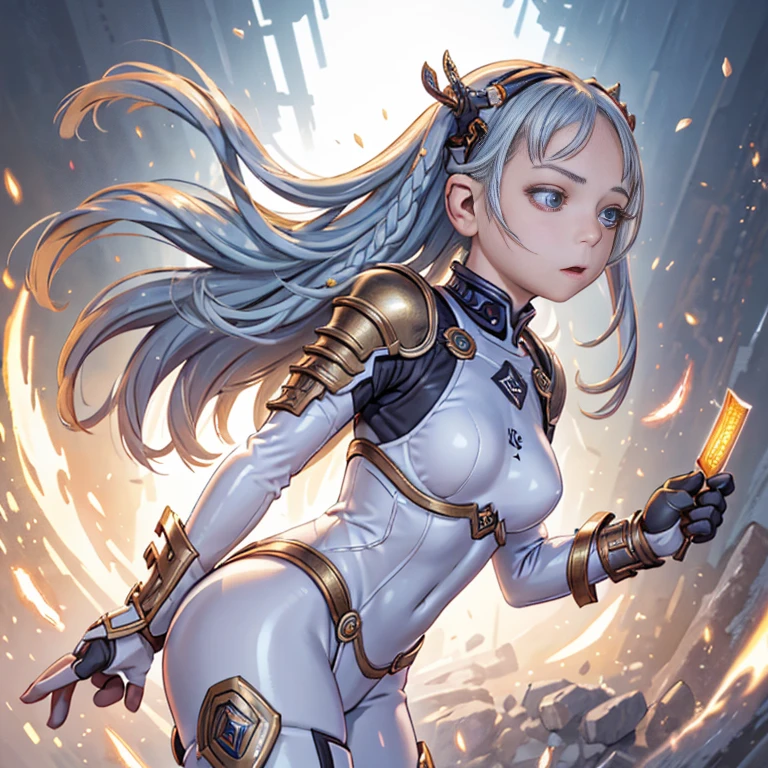 A beautiful  special forces girl in a gold liquid metal suit, a giant mechanical gauntlet with layered armor, a fluid exoskeleton, dynamic, provocative, seductive, action, dramatic angles, effective use of LoRA、One beautiful girl, bluish silver hair, porcelain white skin, large beautiful eyes of deep blue, short stature, , small bulging breasts, complex artistic bodysuit of laminated armor, very much exposed skin, transparent weaponry, active poses, dramatic camera angles, diamond dust, icy trees, cold world, effective use of LoRA、((perspective lens, a woman with long hair, dynamic pose of Serious and mean expression, two hands brandishing a big long samurai sword )) ((Pure orange background:1.2)),appears in her early twenties,captured mid-motion,with her long braided hair flowing. Her outfit is reminiscent of a bee,with a color palette of black and yellow,and she is tossing money casually,indicating a playful.,