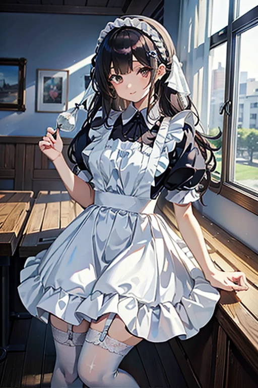 (masterpiece), (extremely detailed), (ultra detailed), (1girl, kawaii:1.3), looking at viewer, corset jumper skirt, BREAK (white garter belt, white stockings, white apron:1.4), BREAK (pale blue clothes, white shirt, short puffy sleeves:1.4), beautiful black hair, (braid), (beautiful and detailed black eyes:1.2), leaning forward, indoors, in diner, laugh, parky, energish,, (embarrassed:0.8),  