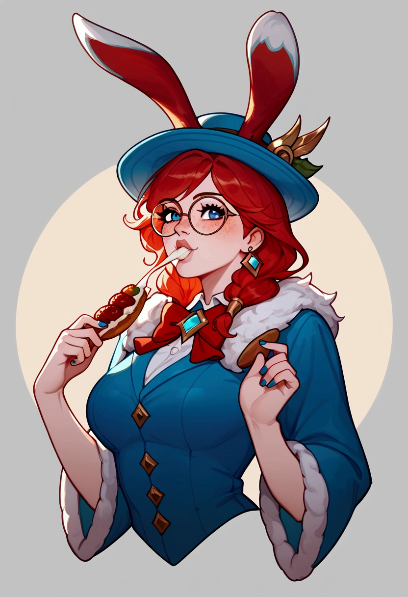 score_9, score_8_up, score_7_up, Aurora (League of Legends), 1 girl, blue eyes, red hair, sexy, round glasses, freckles, bunny ears, full body, mariachi cosplay, fake mustache, Mexican charro hat, squinty eyes, earrings, long eyelashes, sexy, big bust, beautiful face, eating