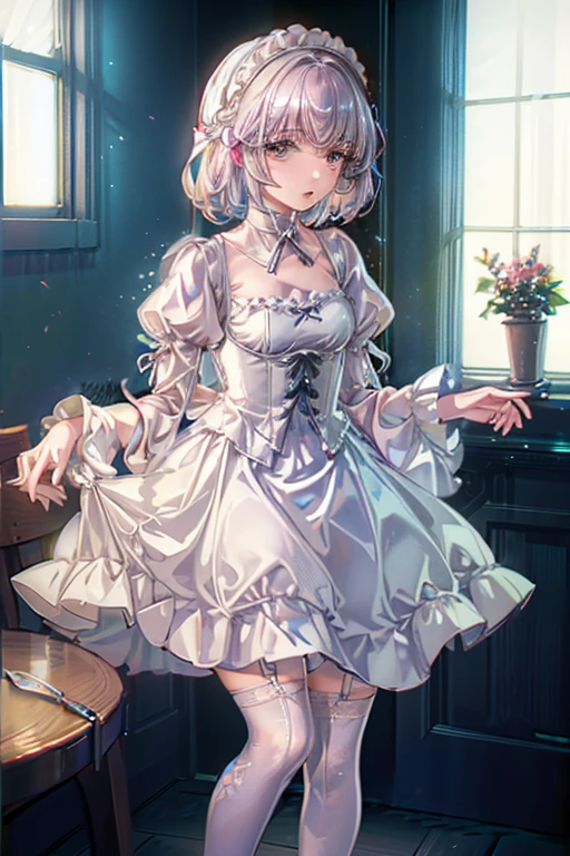 (masterpiece), (extremely detailed), (ultra detailed), (1girl, kawaii:1.3), looking at viewer, corset jumper skirt, BREAK (white garter belt, white stockings, white apron:1.4), BREAK (pale blue clothes, white shirt, short puffy sleeves:1.4), beautiful black hair, (braid), (beautiful and detailed black eyes:1.2), leaning forward, indoors, in diner, laugh, parky, energish,, (embarrassed:0.8),  