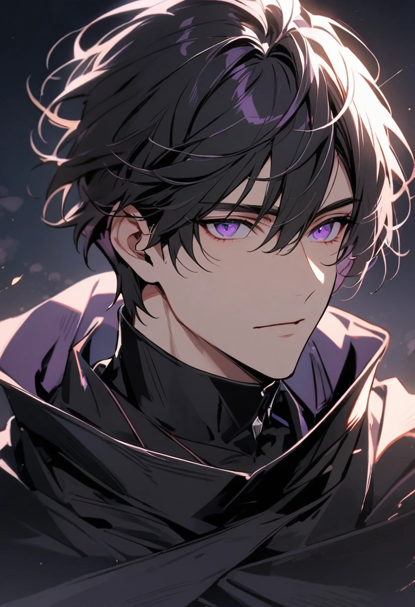 Handsome, solo, 1 male, short hair, black hair, purple eyes, black shirt, black cloak 