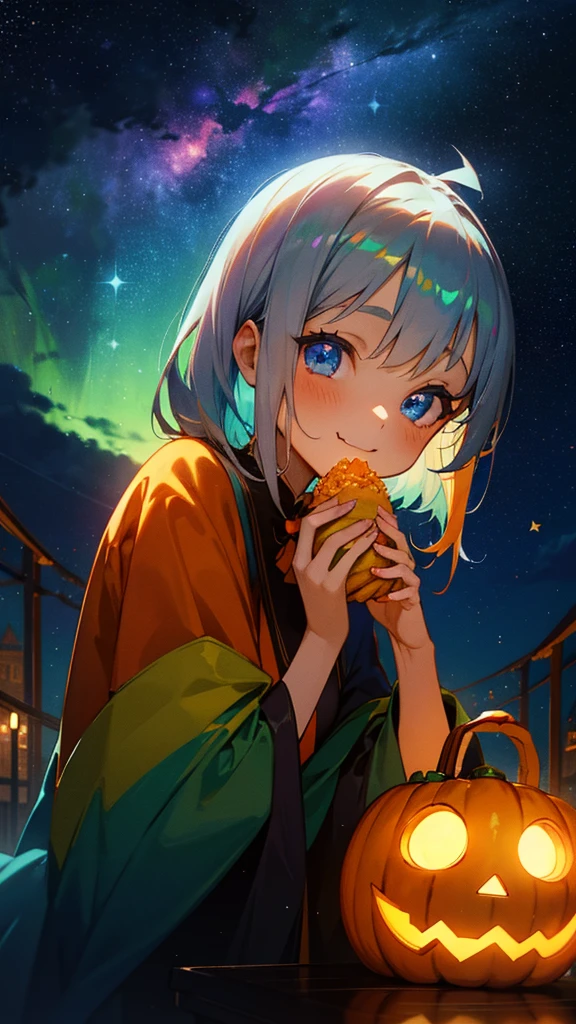 1 young girl、Silver Hair, (Sparkling Blue Eyes)、jack o lantern、halloween、smile、Eating French Fries、Colorful starry sky、Iridescent aura、Orange and green colour scheme、Outdoor、Shadow lighting