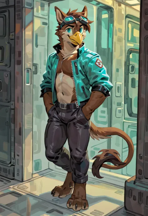 (solo), male anthro gryphon eagle, short brown hair, brown fur, handsome, turquoise eyes, by dangpa, smiling, cool, digitigrade,...