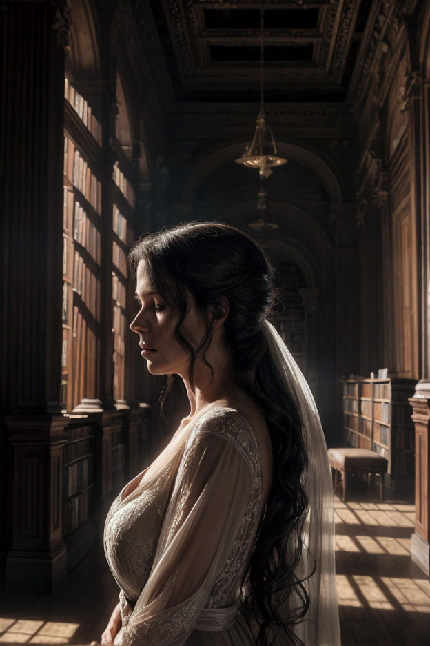 a beautiful mature woman in a silent, abandoned library, moaning softly, ethereal light, highly detailed, cinematic lighting, dramatic shadows, 8k, photorealistic, delicate skin, flowing hair, elegant dress, lost in thought, haunting atmosphere, melancholy, muted colors, dramatic chiaroscuro