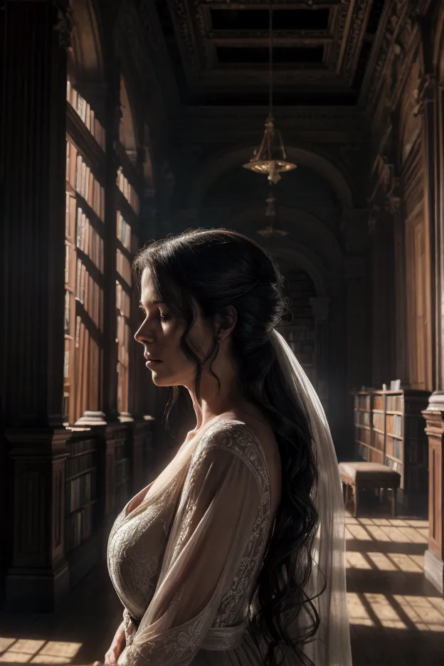 a beautiful mature woman in a silent, abandoned library, moaning softly, ethereal light, highly detailed, cinematic lighting, dr...