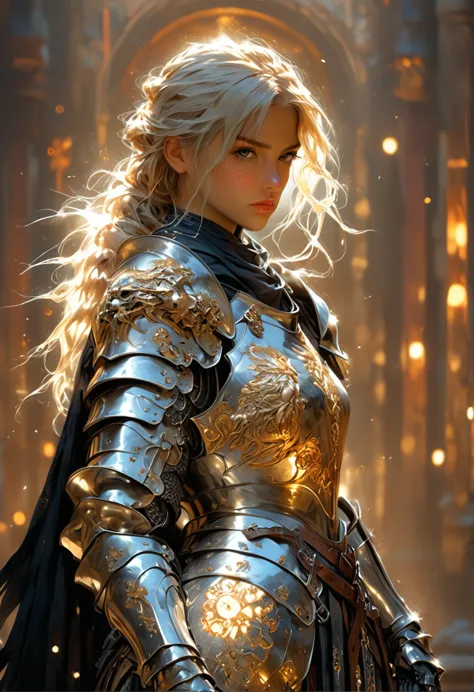 breathtaking a very detailed digital painting of a powerful knight in armor holding a large, shield decorated with heroic poses,...