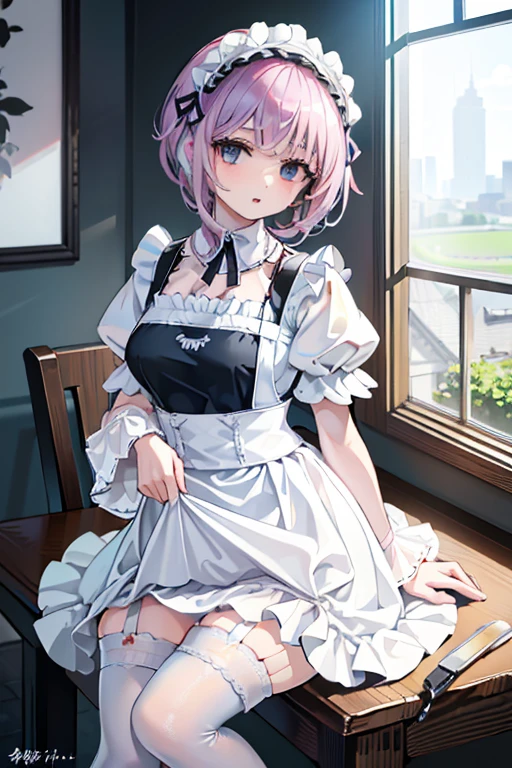 (masterpiece), (extremely detailed), (ultra detailed), (1girl, kawaii:1.3), looking at viewer, corset jumper skirt, BREAK (white garter belt, white stockings, white apron:1.4), BREAK (pale blue clothes, white shirt, short puffy sleeves:1.4), beautiful black hair, (braid), (beautiful and detailed black eyes:1.2), leaning forward, indoors, in diner, laugh, parky, energish,, (embarrassed:0.8),  