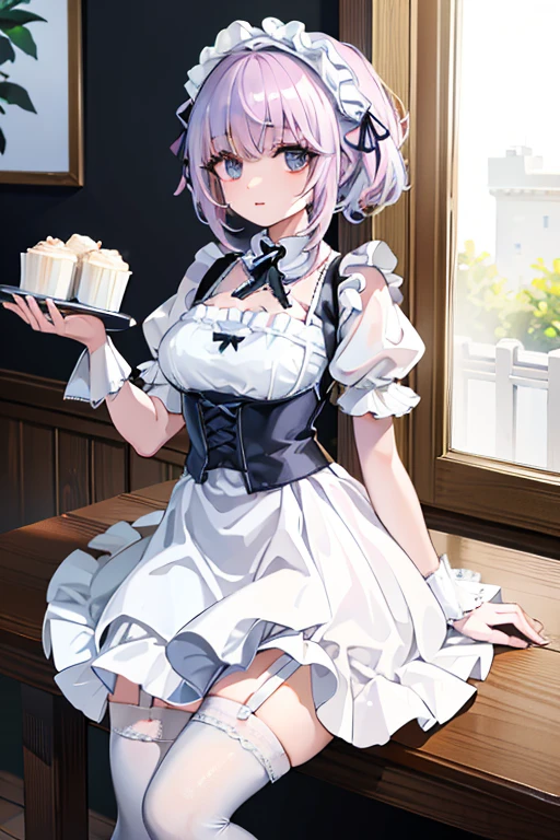 (masterpiece), (extremely detailed), (ultra detailed), (1girl, kawaii:1.3), looking at viewer, corset jumper skirt, BREAK (white garter belt, white stockings, white apron:1.4), BREAK (pale blue clothes, white shirt, short puffy sleeves:1.4), beautiful black hair, (braid), (beautiful and detailed black eyes:1.2), leaning forward, indoors, in diner, laugh, parky, energish,, (embarrassed:0.8),  