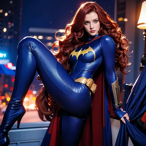 “woman, long curly hair, red hair, blue eyes,full body, soft, cute, batgirl suit wide open, show nipples, show vagina, open legs...