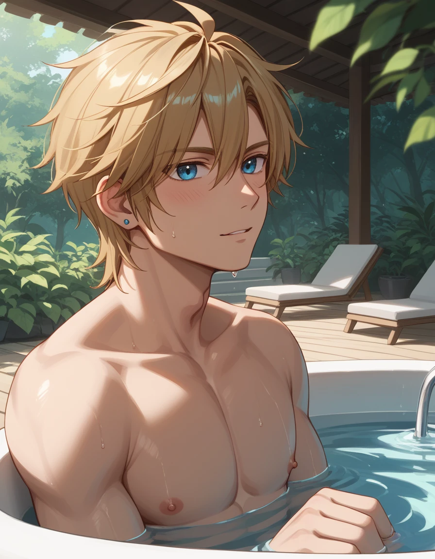 Beautiful blond man bathing、Link、Put your hands out in front of you、I&#39;m excited、She is shining with a serious expression.、to close range、Close-up、Beautiful Muscles、Inviting