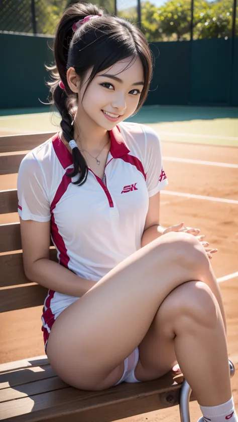 pure japanese teenage tennis girl, natural body, beautiful legs, shiny white skin, sitting on bench, relaxed pose, wearing tenni...