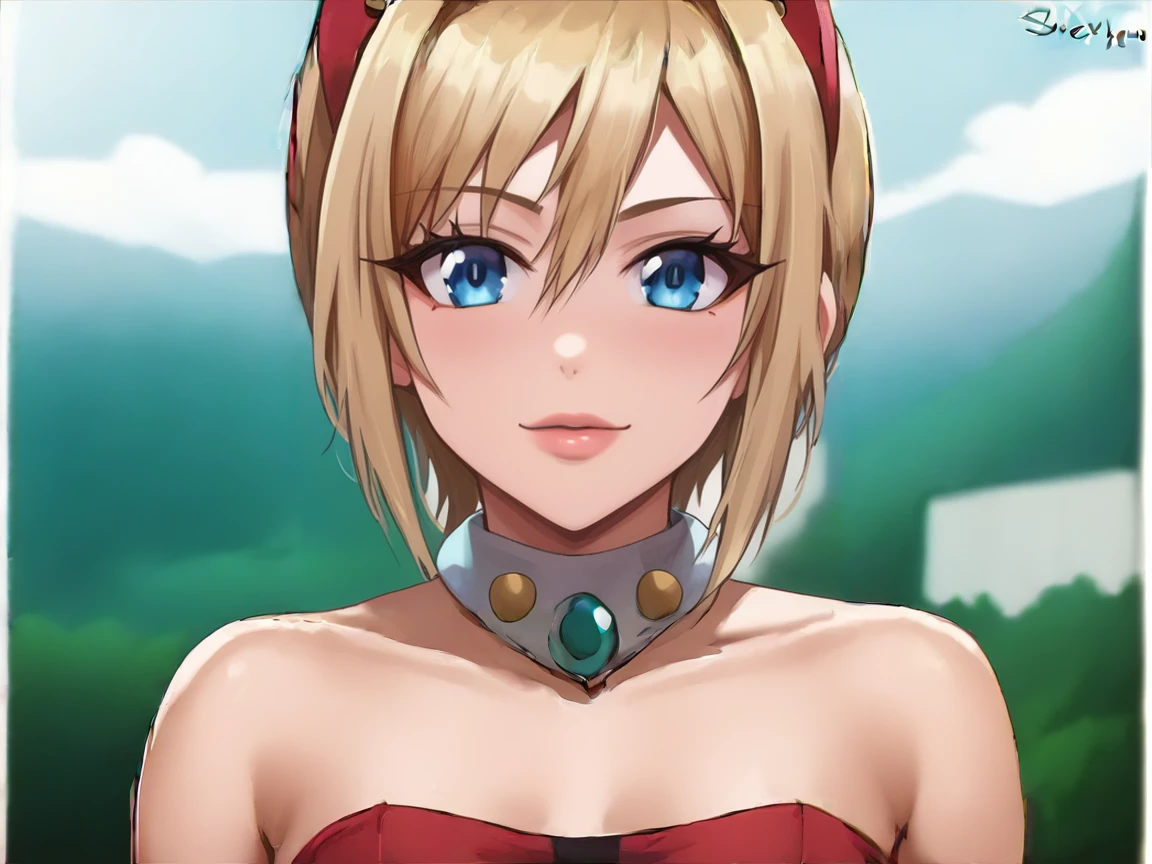 pokemonirida, pokemonirida, blonde hair, blue eyes, hair between eyes, medium hair, (small breasts:1.2), BREAK bracelet, hat, jewelry, neck ring, red headwear, red shirt, sash, shirt, shorts, strapless, strapless shirt, waist cape, white shorts, BREAK looking at viewer, (upper body:1.2), BREAK outdoors, city, sky, BREAK (masterpiece:1.2), best quality, high resolution, unity 8k wallpaper, (illustration:0.8), (beautiful detailed eyes:1.6), extremely detailed face, perfect lighting, extremely detailed CG, (perfect hands, perfect anatomy),