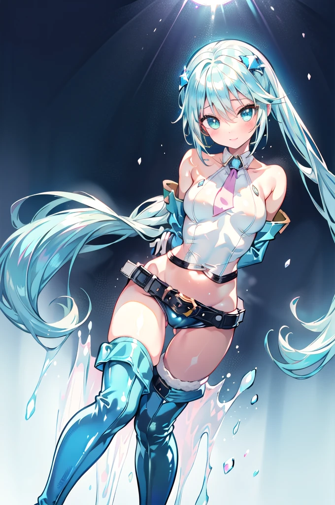 1girl,solo,straight hair,cowboy shot,standing,(pastel blue hair:1.4),(long hair:1.4),flip bang,(hair ornament:1.2),(green eyes:1.3),(beautiful fingers:1.4),(perfect anatomy:1.4),(arms_behind_back:1.6),(pastel blue shoulder mantle, pastel blue cape mantle:1.5),(pastel blue competition swimsuit:1.6),(latex luster shiny glossy metallic:1.6),(shiny_clothes:1.6),(shiny_clothes:1.6),small breasts,beautiful breasts,(masterpiece,best quality:1.2),(Ultra high definition eyes:1.2),8k,(Beautiful detailed eyes:1.2),(Fine and beautiful eyes:1.2),(pretty eyes:1.2),finely detail,extremely CG, absurdres,high resolution,illustration,Detailed and beautiful outlines,finely detail,high resolution,(colorful refraction:1.4,Increase saturation:1.2),beautiful lighting,dynamic lighting,closed room,black background,simple background, smile,looking at viewer, thighhighs, navel, gloves, belt,red necktie, pastel blue thighhighs, white gloves, midriff, zettai ryouiki,(pastel blue thigh boots:1.4)