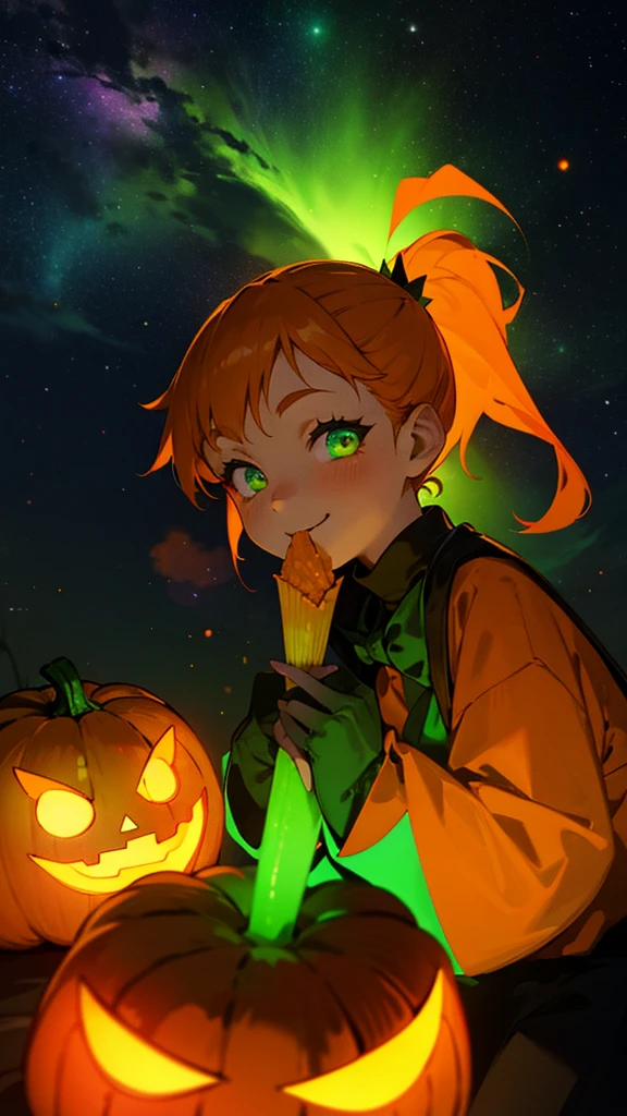 1 young girl、Orange Hair、Glowing green eyes、Side Ponytail、jack o lantern、halloween、smile、Eating French Fries、Colorful starry sky、Iridescent aura、Orange and green colour scheme、Outdoor、Shadow lighting