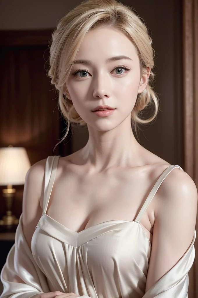 A beautiful blonde adult woman with a soft face, hair tied up, perfect brown eyes, detailed face, long eyelashes, wearing modest clothes, elegant silk flower background, cinematic photorealistic lighting, dramatic night scene, (best quality,4k,8k,highres,masterpiece:1.2),ultra-detailed,(realistic,photorealistic,photo-realistic:1.37),cinematic,dramatic,moody,warm light