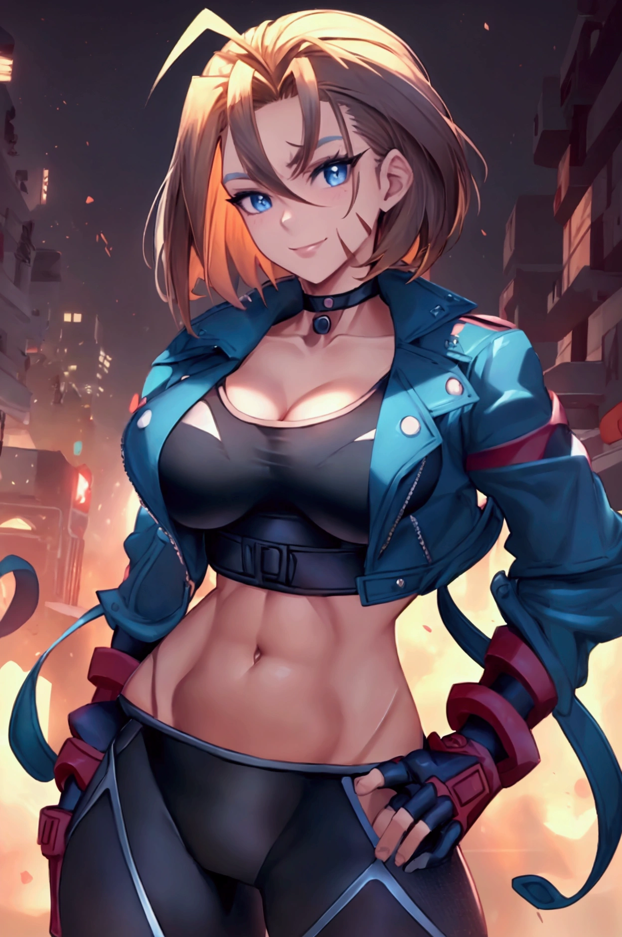 (work of art), best quality, expressive eyes, perfect face pajamas, high resolution, 1 , Alone, (maduro:1.5), adult, Cammy branca, short hair, antenna hair, blue eyes, Scar on the cheek, Big breasts, black choker, clavicle, blue jacket, short jacket, open jacket, sports well, diaphragm, fingerless gloves, black gloves, black pants, hands on hips, light smiles, Fantastic, magic background, standing, tiro de cowboy, looking at the viewer,