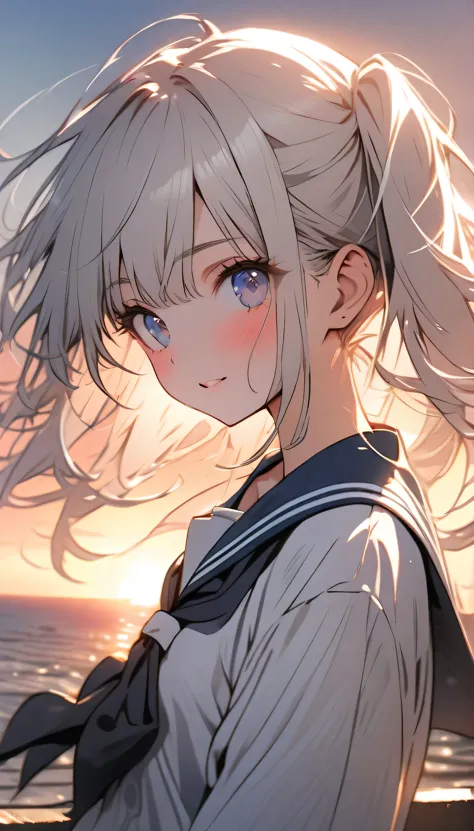 Beautiful girl with white hair，Double ponytail long straight hair，Sailor Suit，On the embankment，Sunset，Backlight