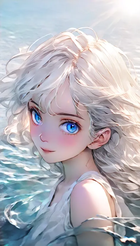 anime style female character in water, (long  white hair:1.2), (kind expression:1.1), blue colored eyes, white top, (rippling ef...