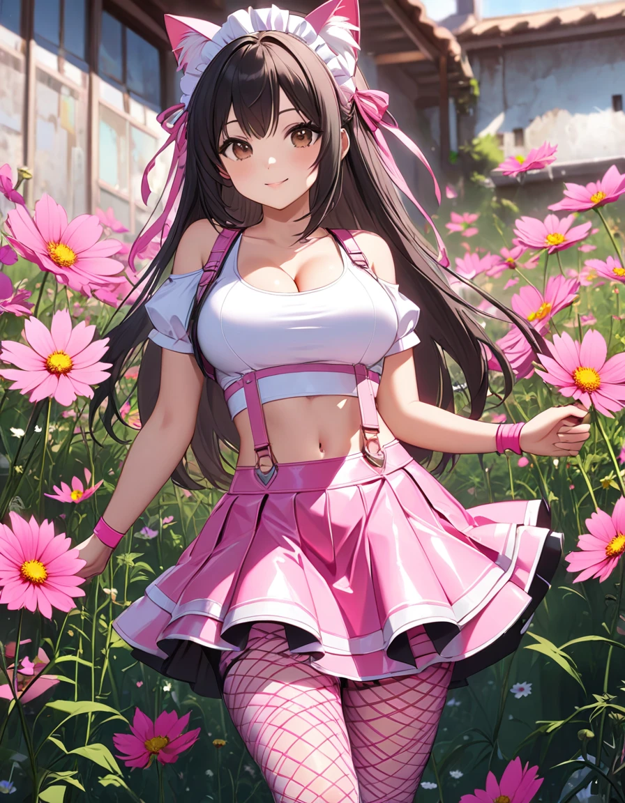 4k, bestquality, detailed, detailed scenery, detailed eyes, 1Girl, cute, adorable, straight hair, long hair, black hair, brown eyes, cleavage, smiling, looking at the camera, standing, sunny, (Background is cosmos flowers:1.3), (suspenders:1.2), pink suspenders covered stomach and breasts, (headdress with pink fake cat ears), (wear a pink suspenders over a short-sleeve white crop top:1.2), pink heart(symbol) print on crop top, cold shoulders, (stomach, navel), (low-rise pink latex (A-line) tiered skirt with pink suspenders:1.2), (pink wristband), (has a beautiful mesh fishnet tights), (countless small pink ribbon decorations), (white latex platform boots)